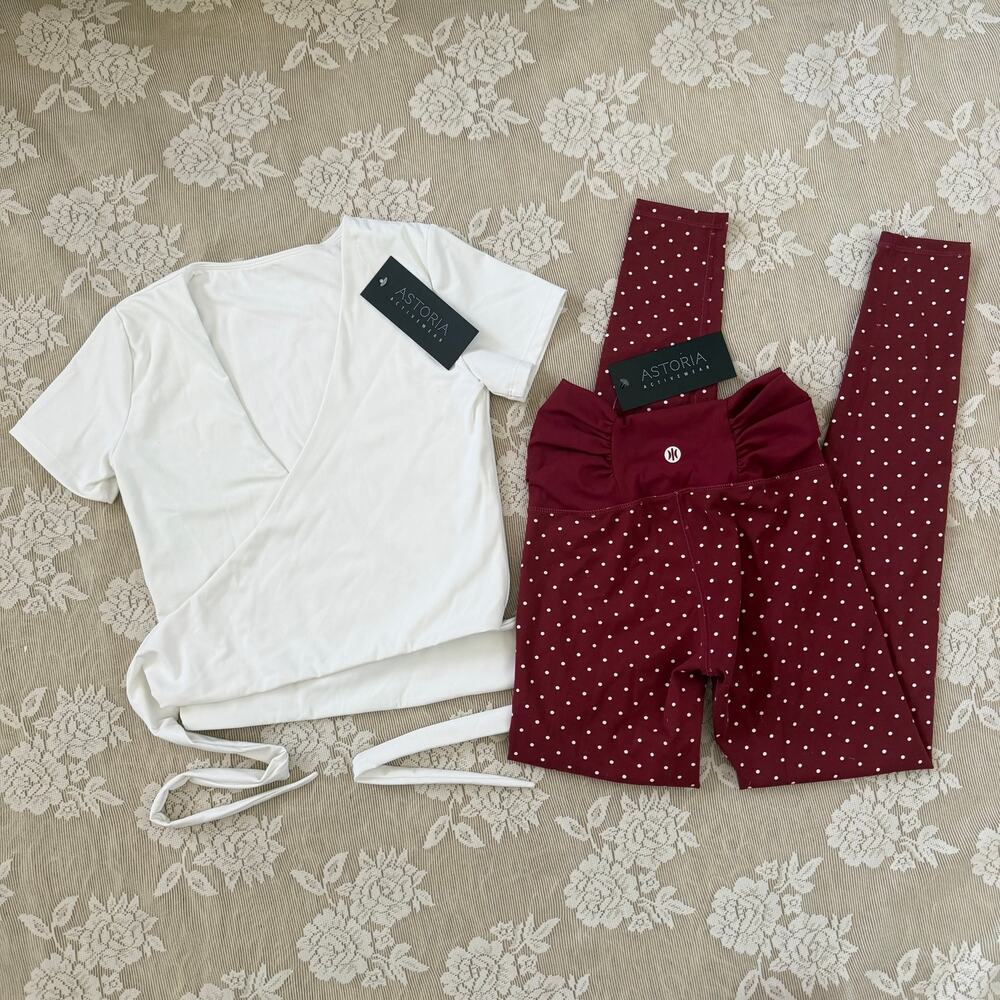 Astoria Activewear Burgundy Polka Dot & White Wrap Set – Size Small